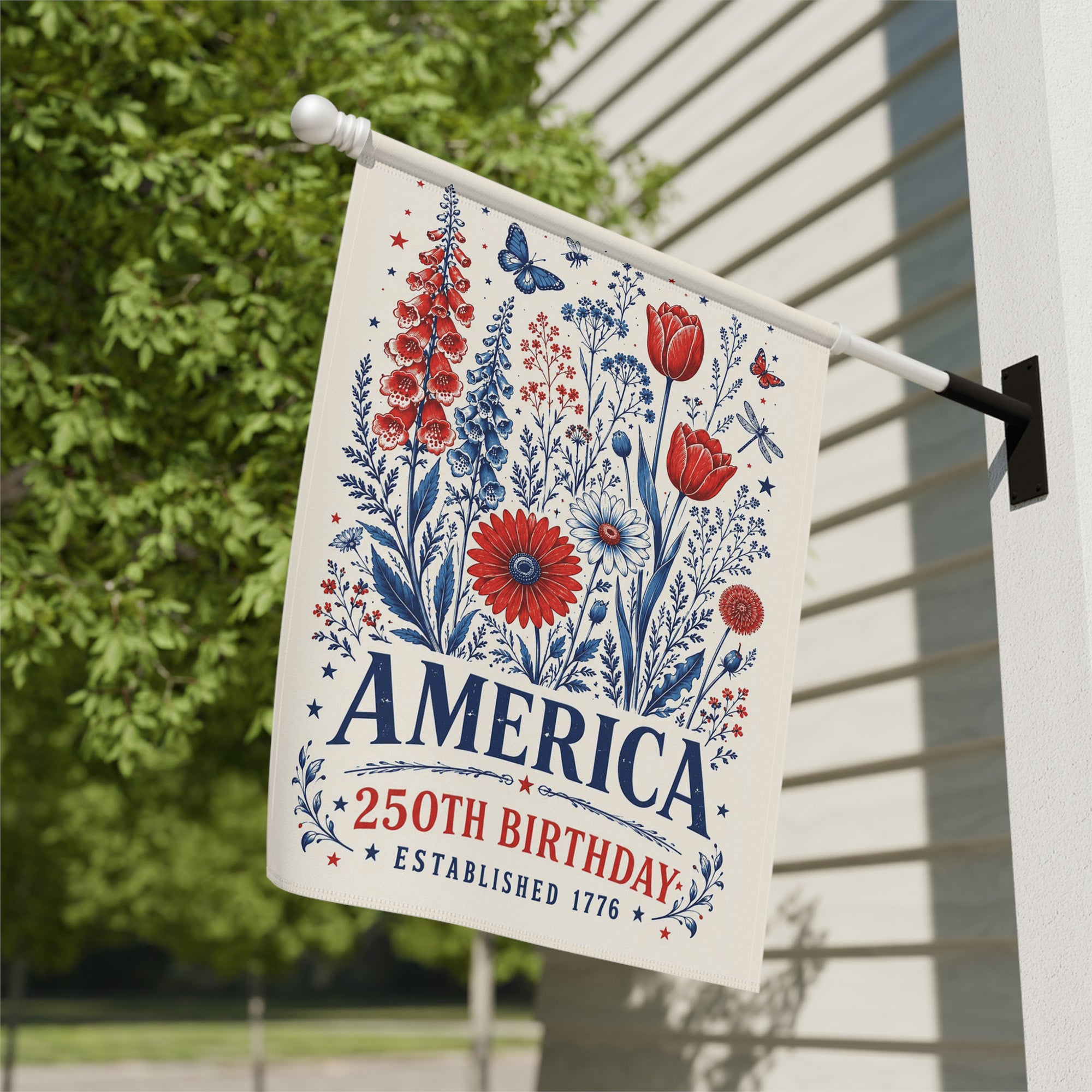 America 250th Birthday Foxglove Daisy Tulip Flag - Patriotic USA Garden Flag - 4th of July Decor