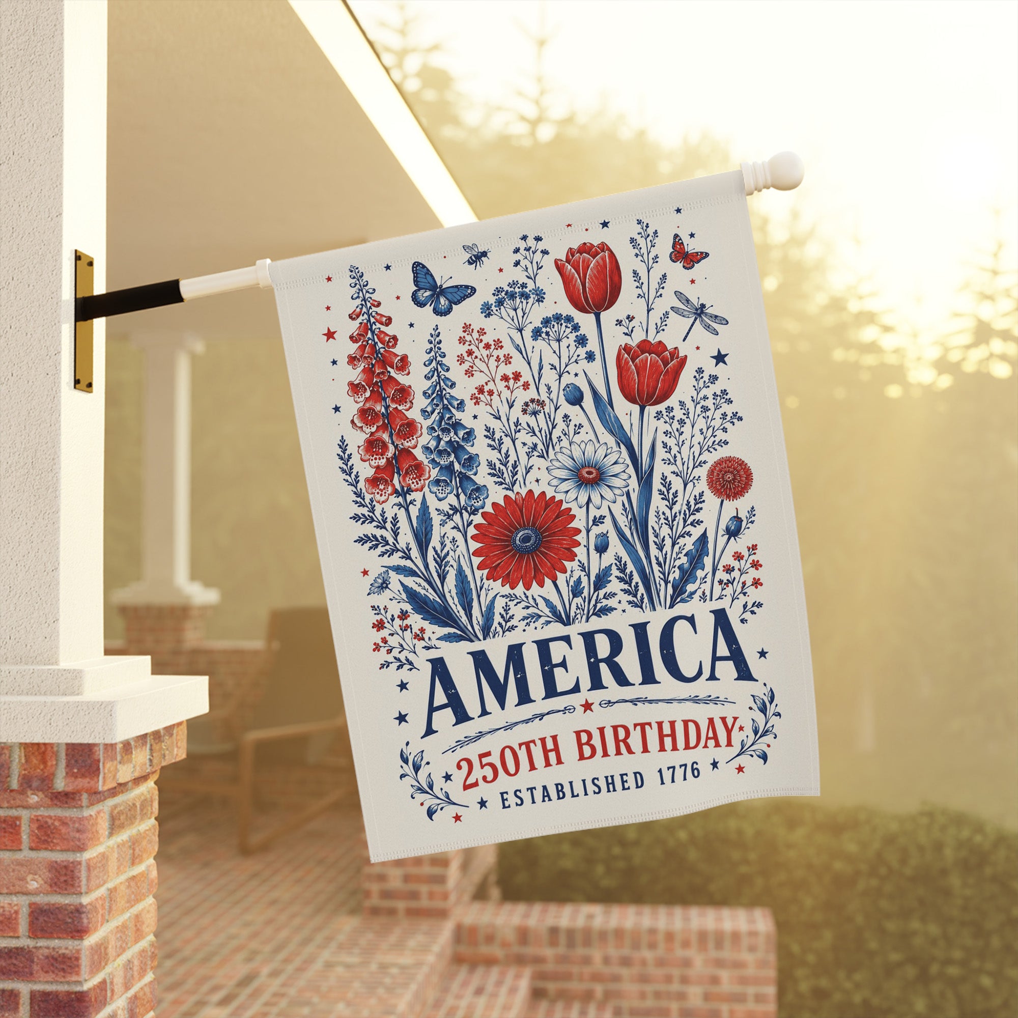 America 250th Birthday Foxglove Daisy Tulip Flag - Patriotic USA Garden Flag - 4th of July Decor