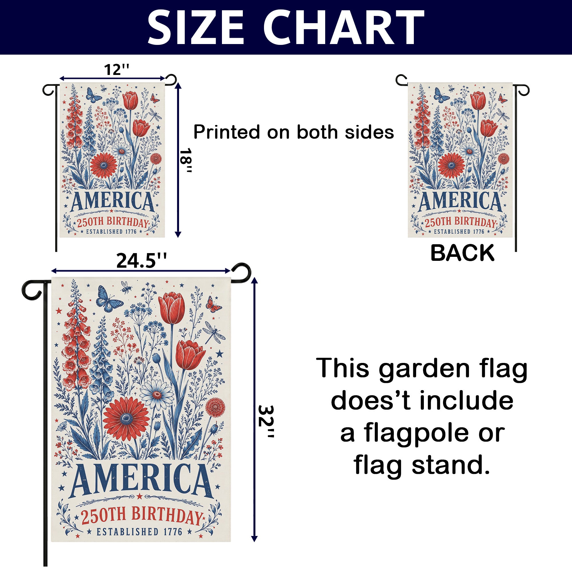 America 250th Birthday Foxglove Daisy Tulip Flag - Patriotic USA Garden Flag - 4th of July Decor