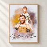 Custom Photo Watercolor Portrait Dad and Kids with Names Canvas - Personalized Wall Art