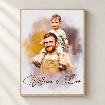 Custom Photo Watercolor Portrait Dad and Kids with Names Canvas - Personalized Wall Art
