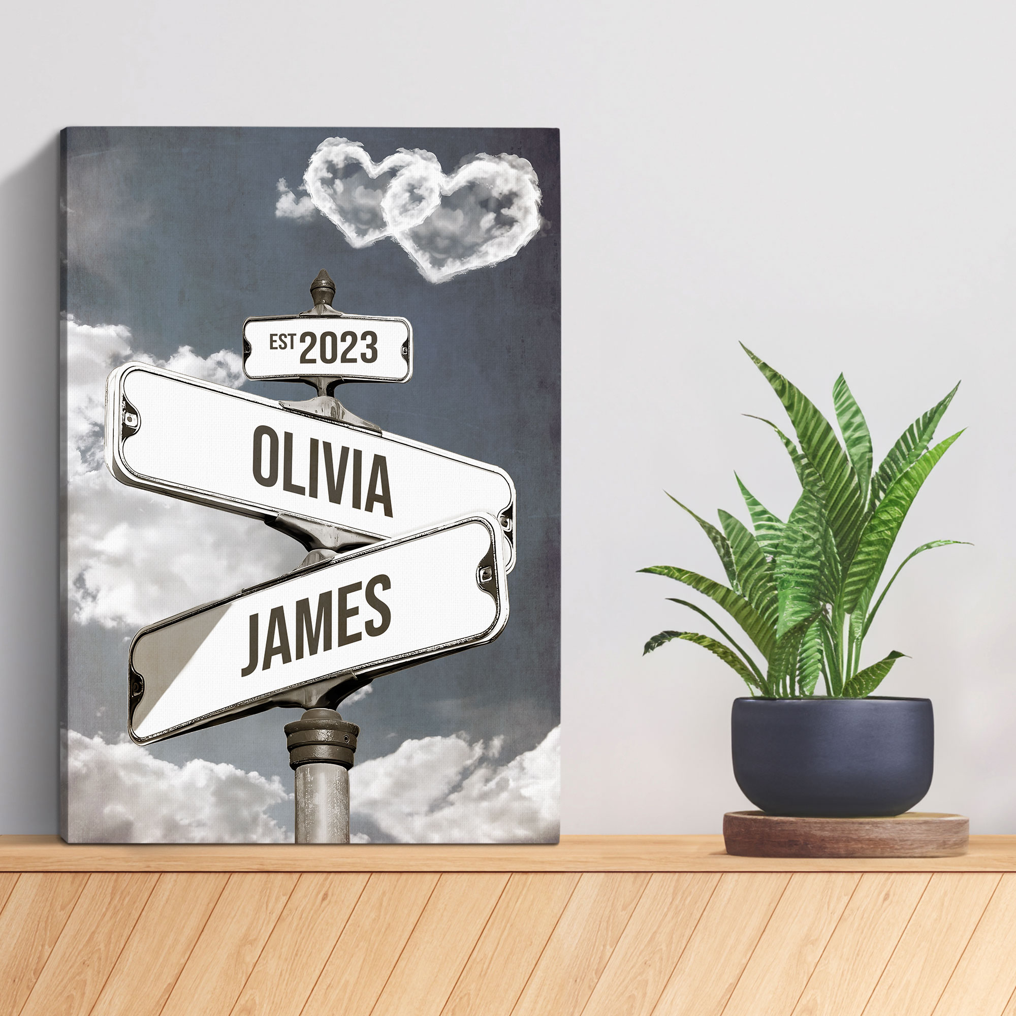 Personalized Crossroads Street Sign For Couple Canvas, Custom Couple Name And Date Wall Art Black and White Heart Cloud