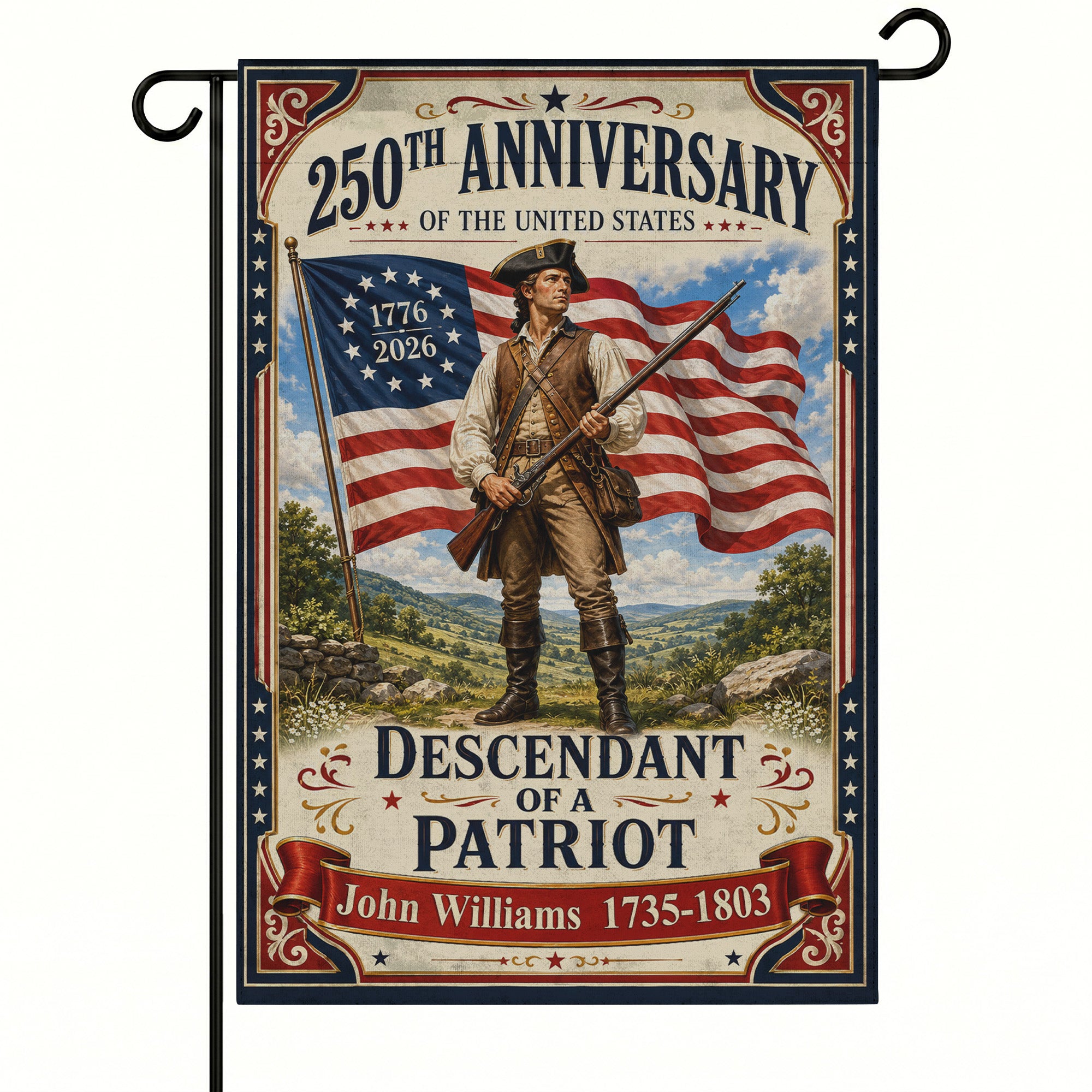 Custom Descendant of a Patriot Flag - 250th Anniversary USA Garden Flag - Independence Day Decor