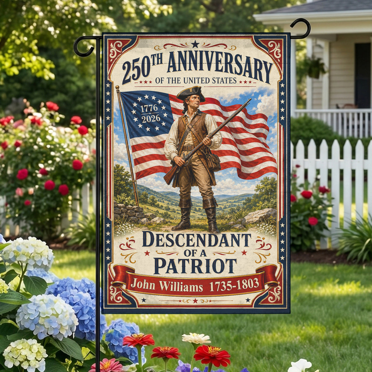 America 250th Descendant of a Patriot Patriotic Garden Flag - Outdoor Yard Decor