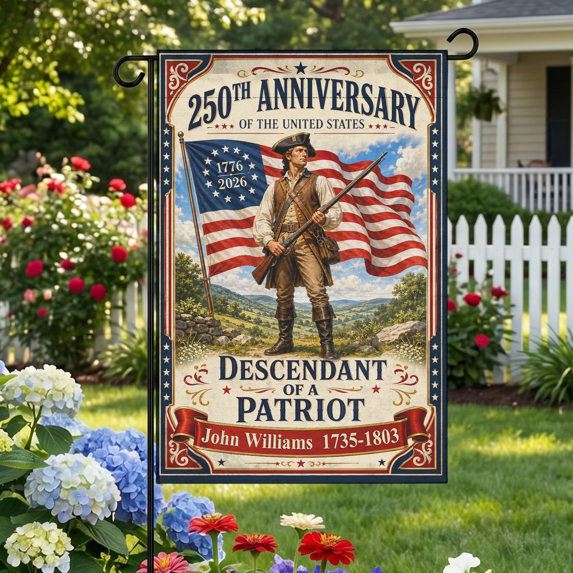 Custom Descendant of a Patriot Flag - 250th Anniversary USA Garden Flag - Independence Day Decor