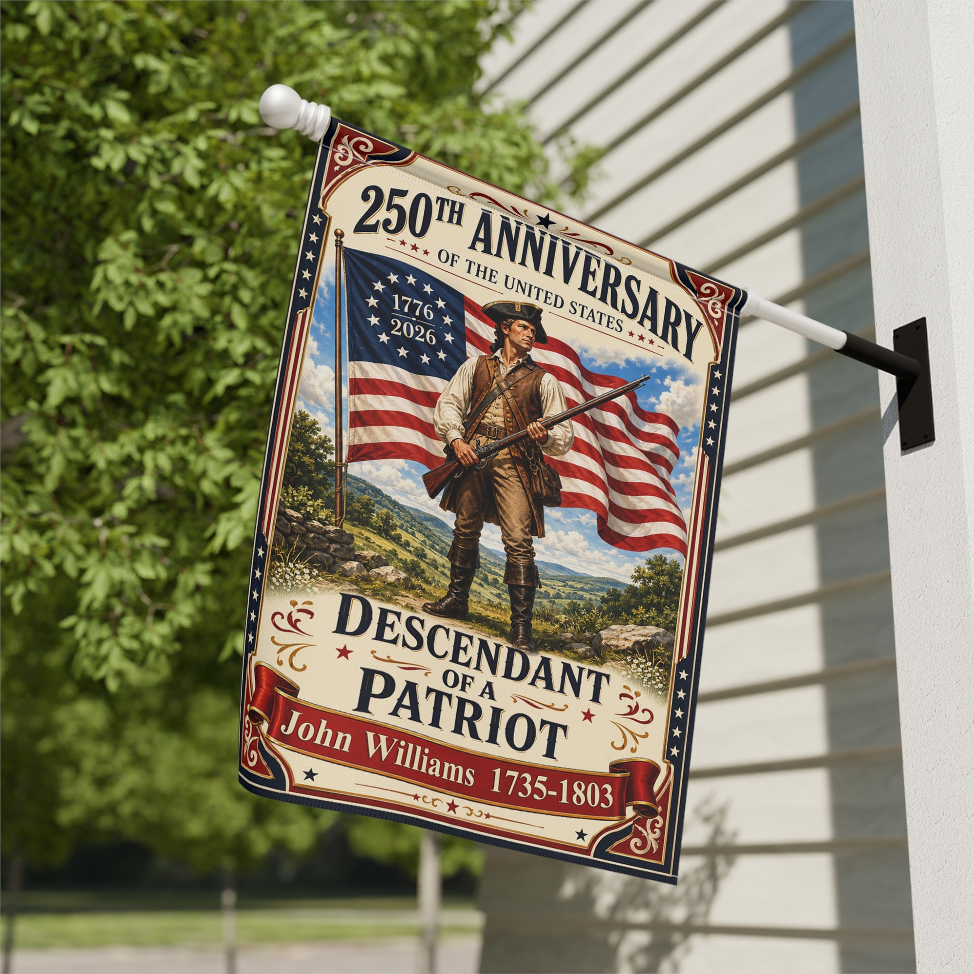 Custom Descendant of a Patriot Flag - 250th Anniversary USA Garden Flag - Independence Day Decor