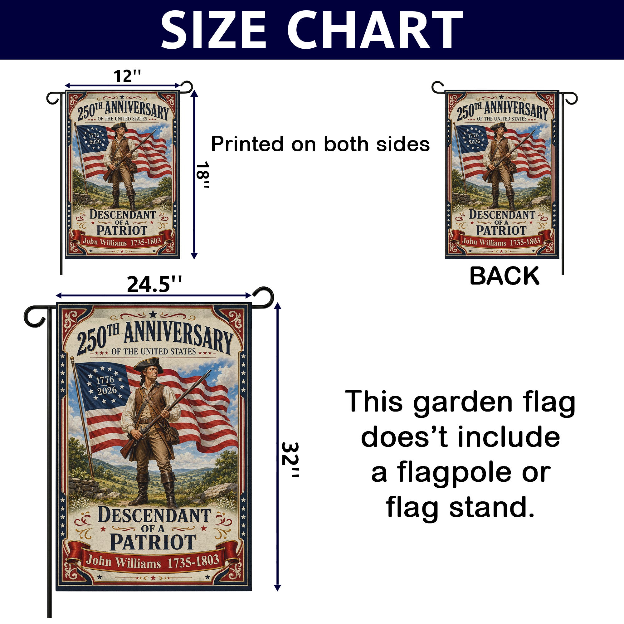 Custom Descendant of a Patriot Flag - 250th Anniversary USA Garden Flag - Independence Day Decor