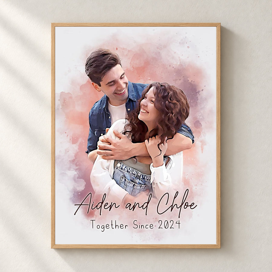 Custom Photo Watercolor Couple Portrait Turn Your Love Into Art - Personalized Wrapped Canvas