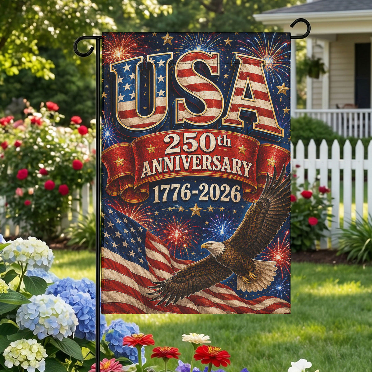 America 250th USA Fireworks Eagle Patriotic Garden Flag - Outdoor Yard Decor