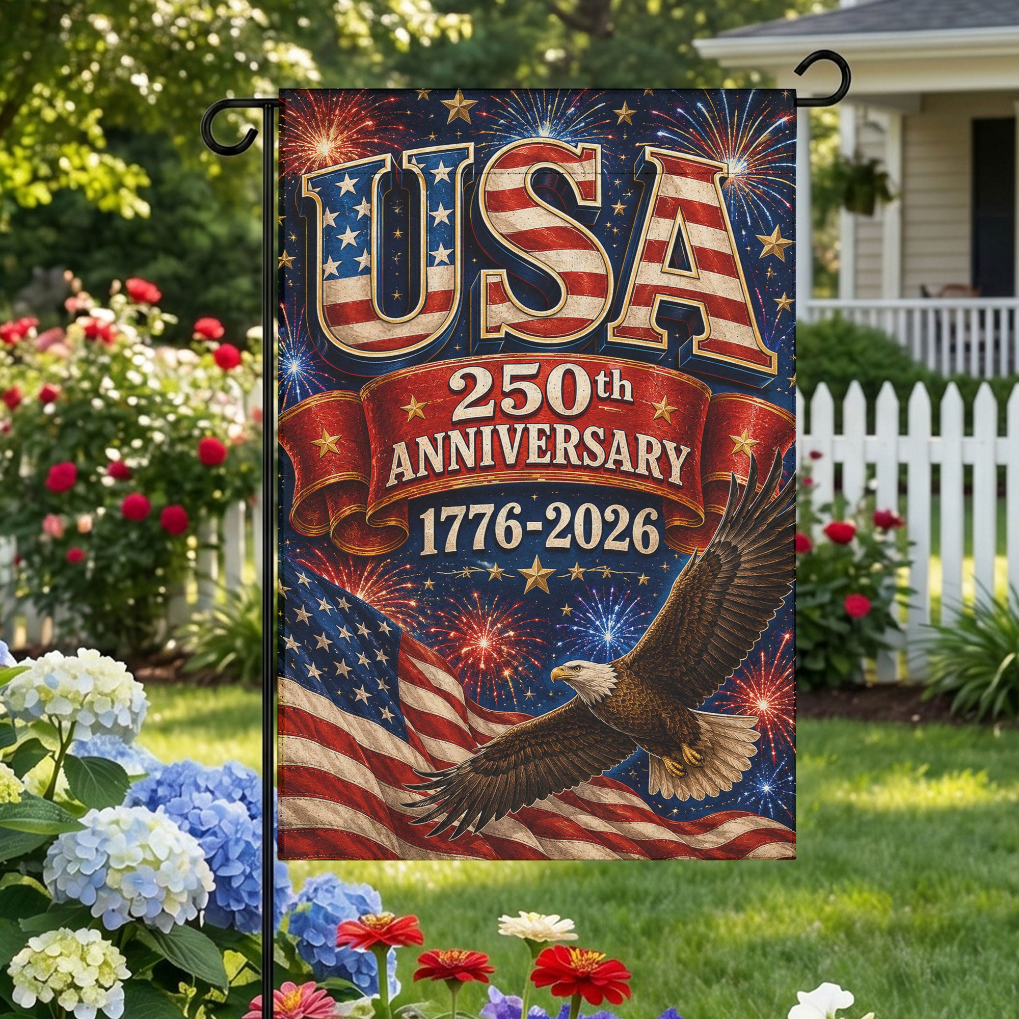 America 250th Anniversary With Eagle Flag - Patriotic USA Garden Flag - 4th of July Decor