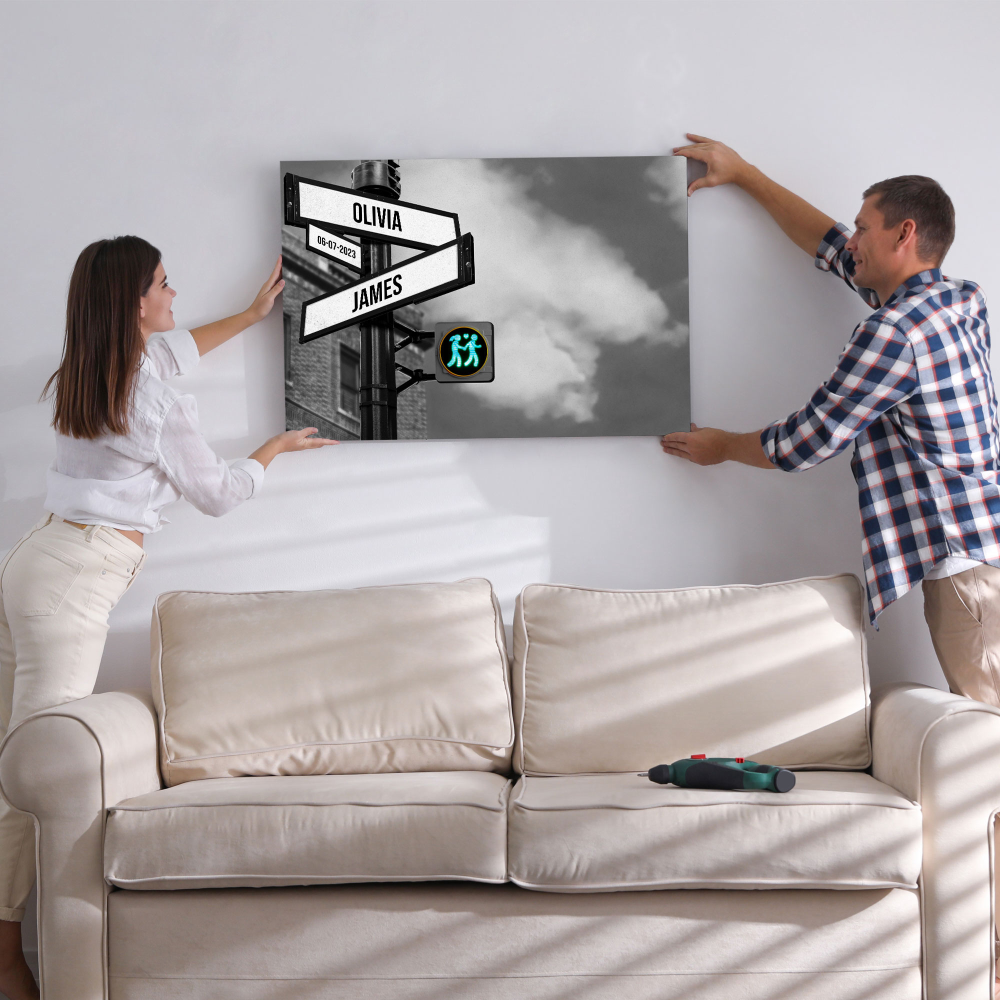 Personalized Canvas Vintage Street Sign For Couples, Custom Couple Name And Date Crossroads Lights