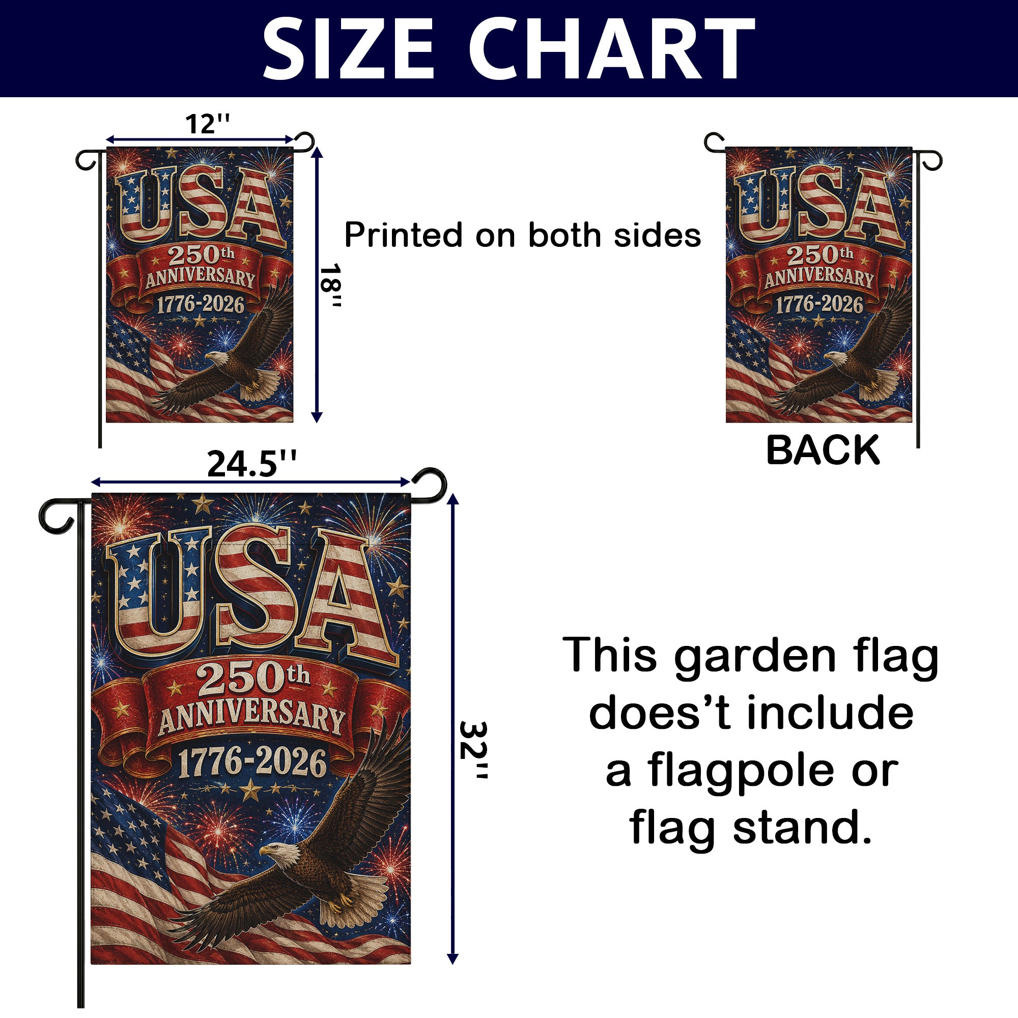 America 250th Anniversary With Eagle Flag - Patriotic USA Garden Flag - 4th of July Decor