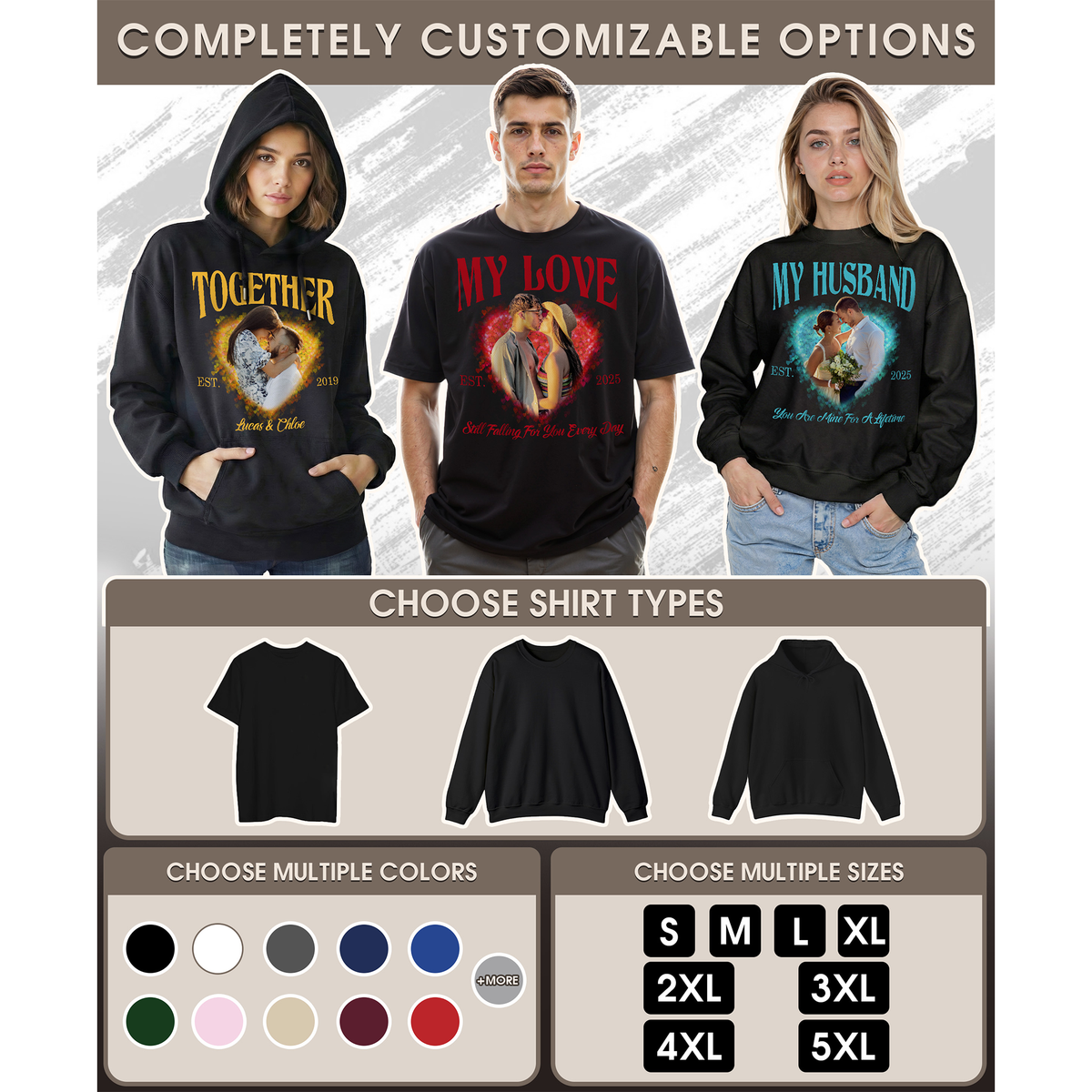 Custom Photo Couple Shirt with Heart & Est. Year - Personalized Photo Shirt