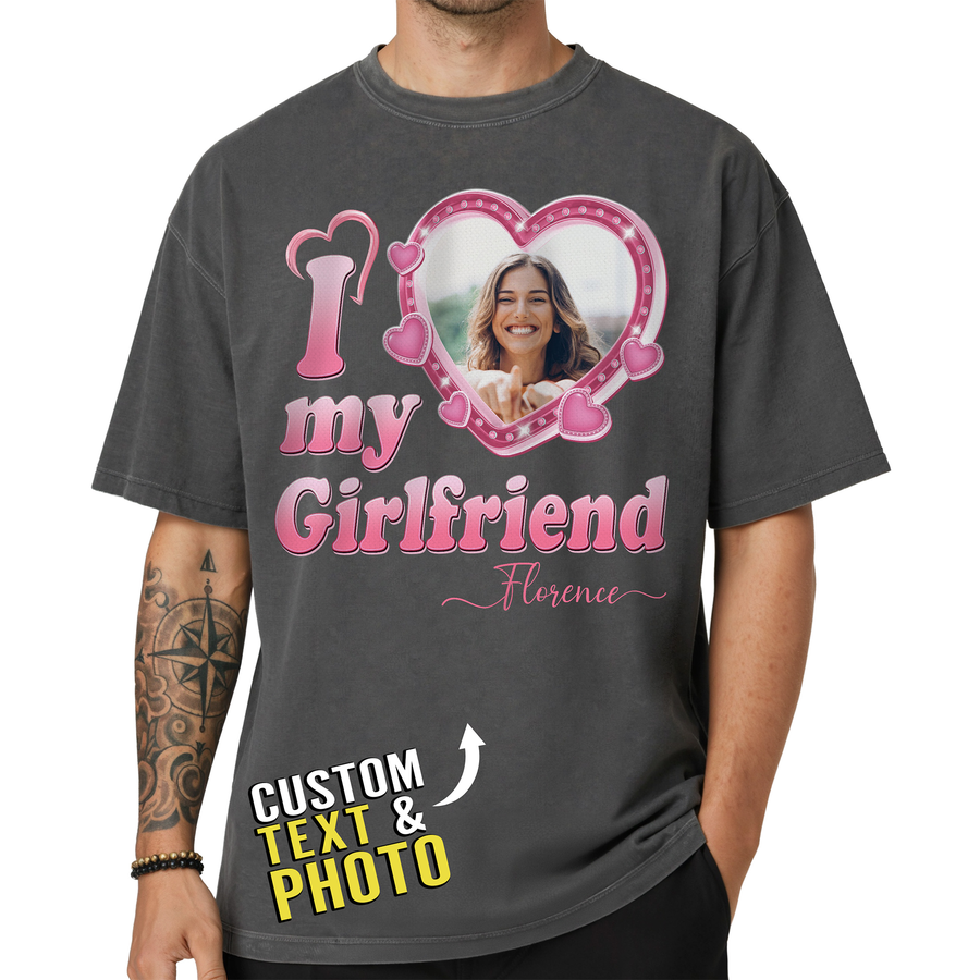 Custom Photo I Love My Girlfriend Boyfriend Shirt with Name - Personalized Photo Shirt