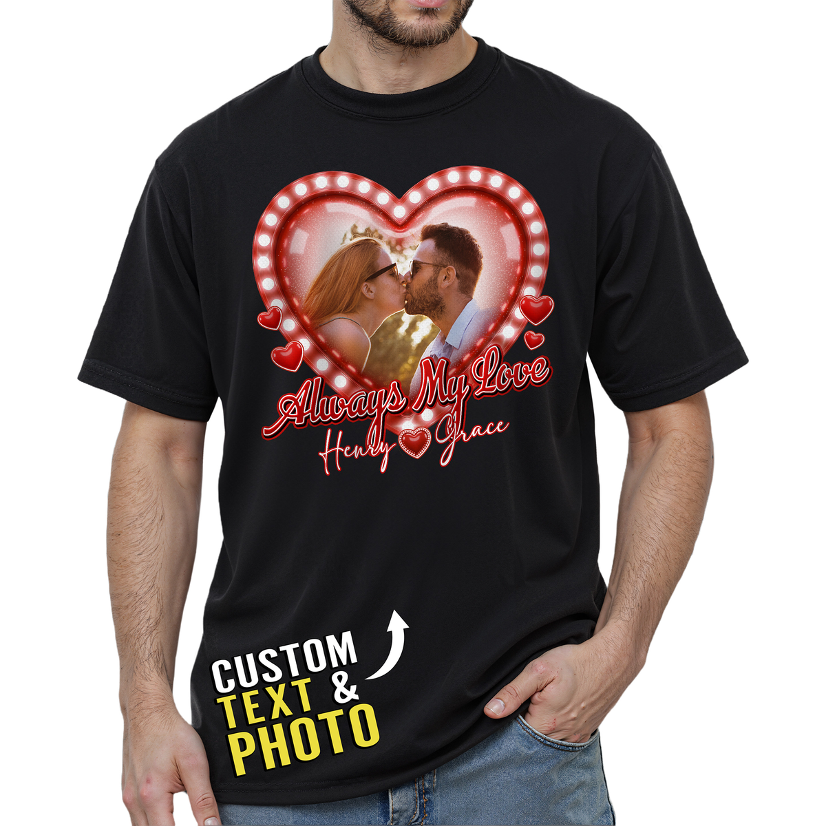 Custom Photo Couple Shirt with Always My Love Heart Lights & Names - Personalized Photo Shirt