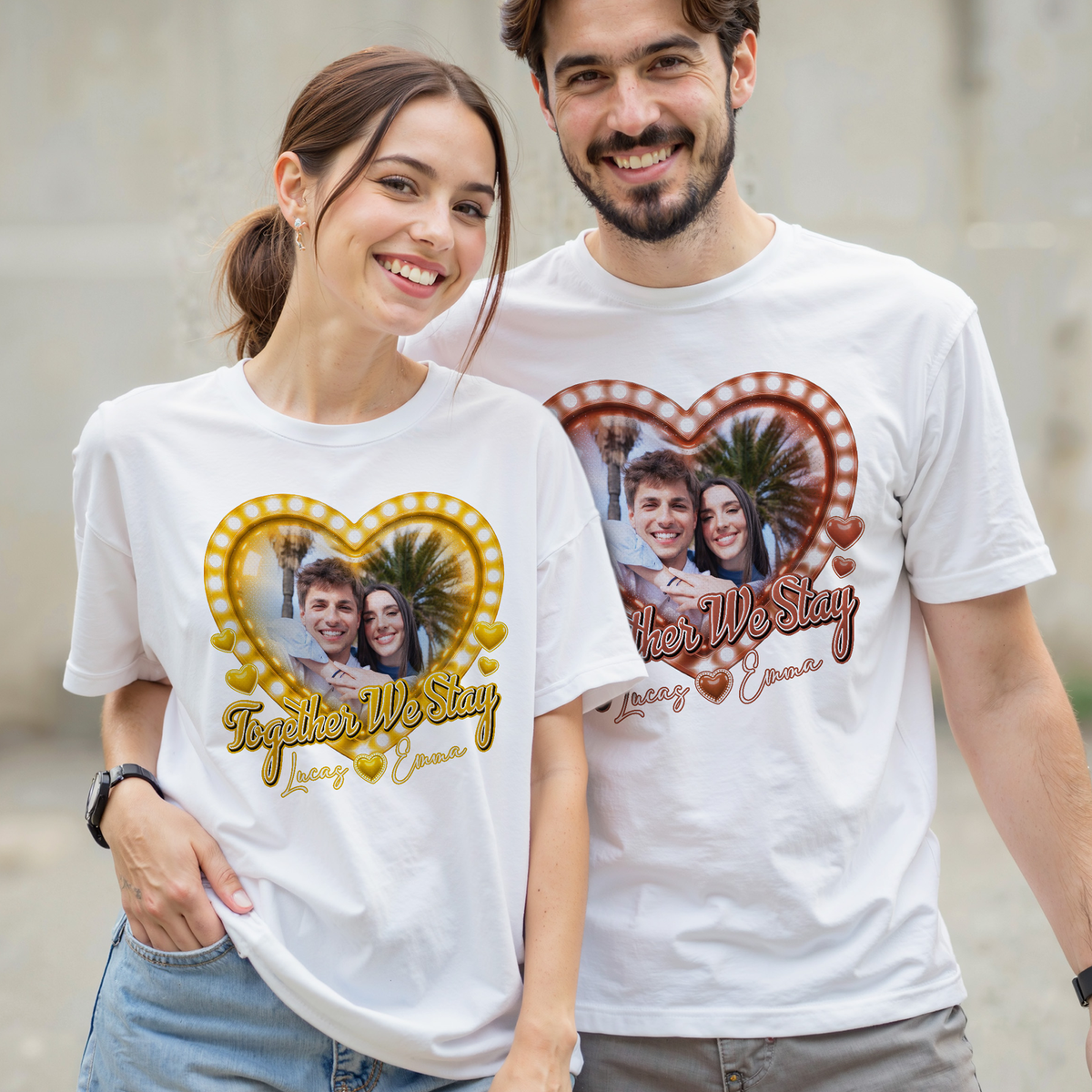 Custom Photo Couple Shirt with Always My Love Heart Lights & Names - Personalized Photo Shirt