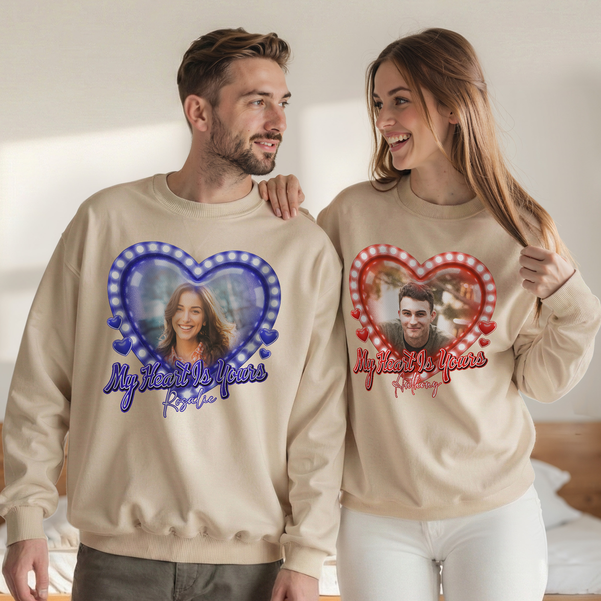 Custom Photo Couple Shirt with Always My Love Heart Lights & Names - Personalized Photo Shirt