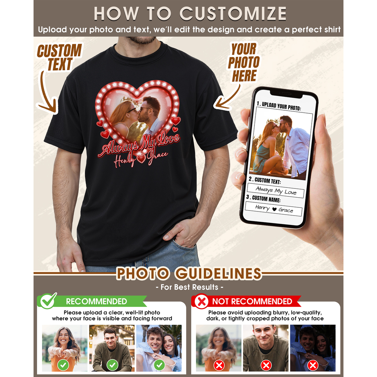 Custom Photo Couple Shirt with Always My Love Heart Lights & Names - Personalized Photo Shirt