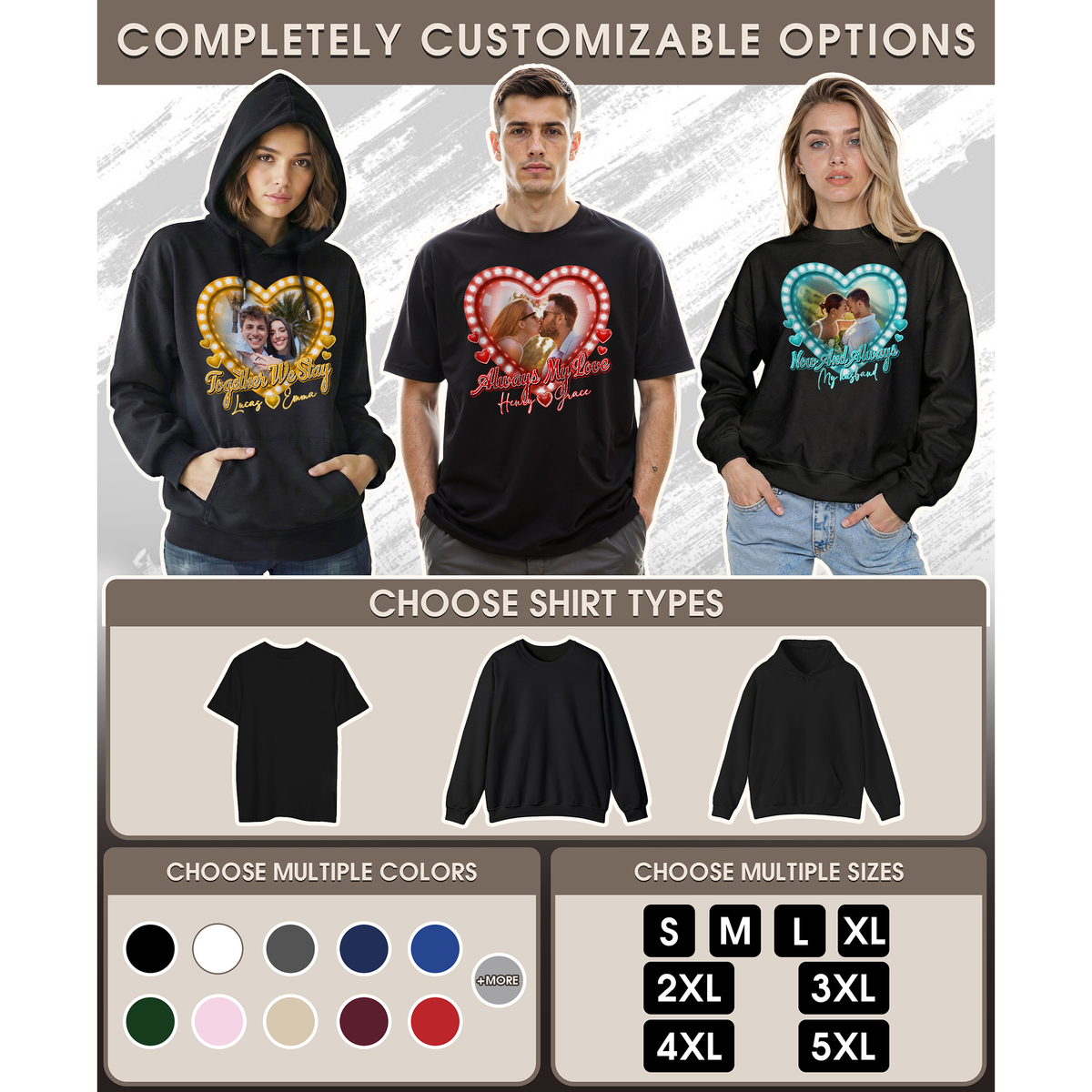 Custom Photo Couple Shirt with Always My Love Heart Lights & Names - Personalized Photo Shirt