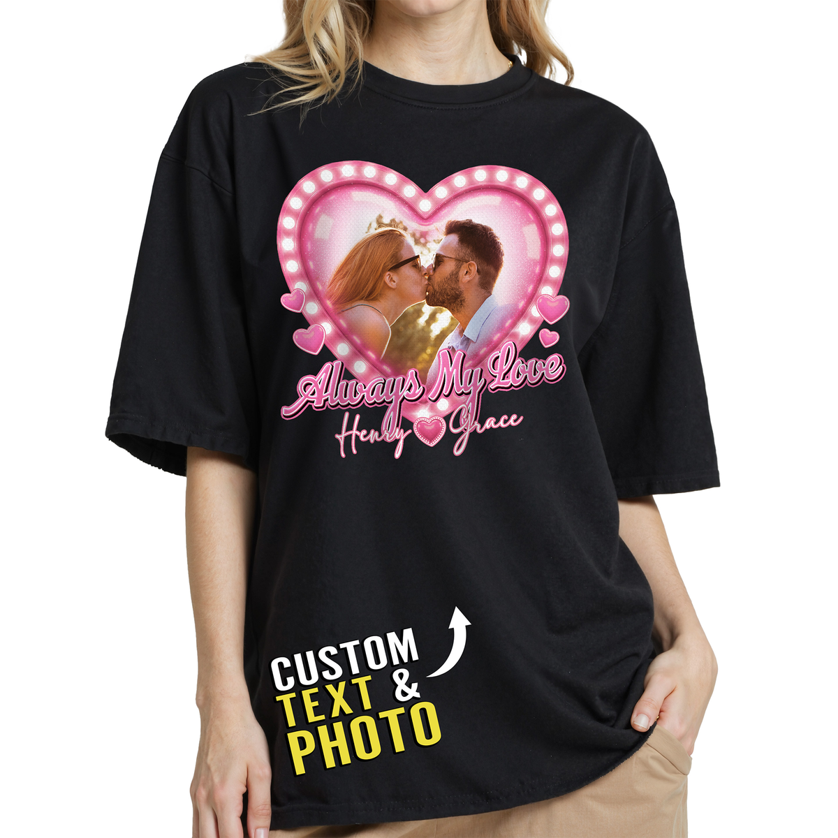Custom Photo Couple Shirt with Always My Love Heart Lights & Names - Personalized Photo Shirt