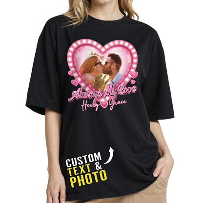Custom Photo Couple Shirt with Always My Love Heart Lights & Names - Personalized Photo Shirt