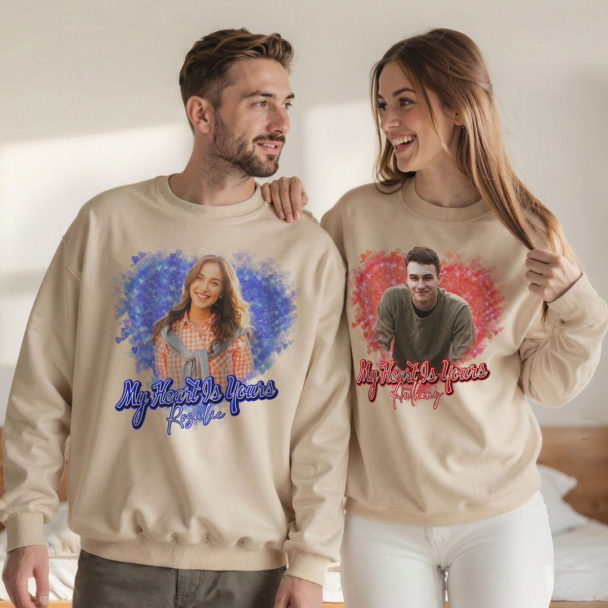Custom Photo Couple Shirt with Always My Love Red Glow & Names - Personalized Photo Shirt