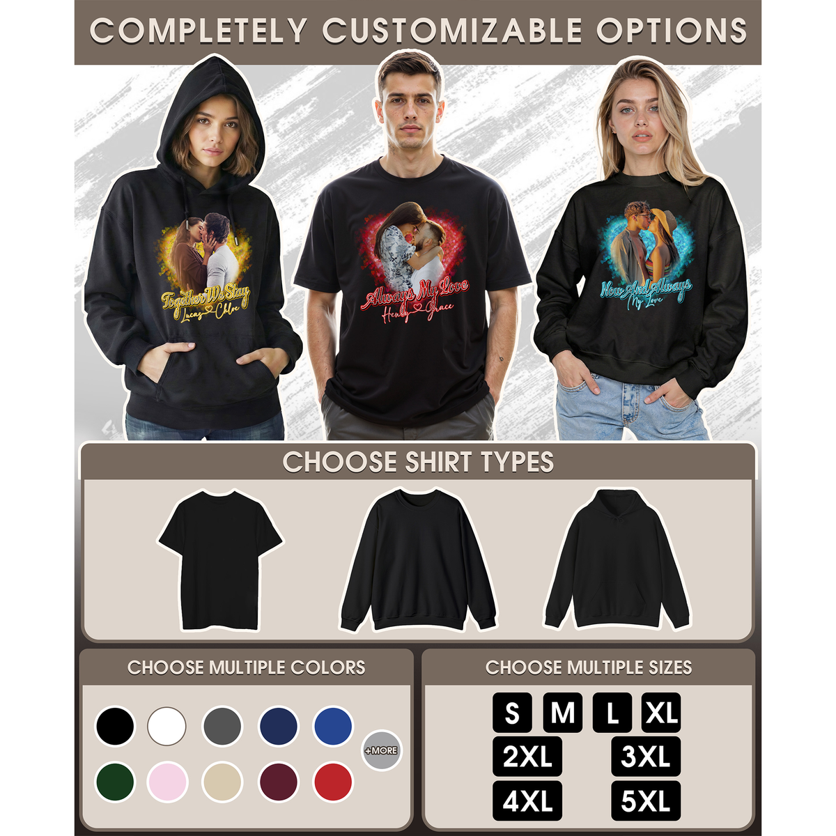 Custom Photo Couple Shirt with Always My Love Red Glow & Names - Personalized Photo Shirt