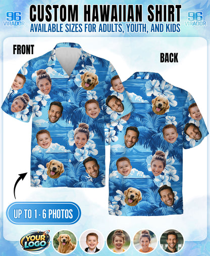 Custom Hawaiian Shirt with Face Blue White Palm Hibiscus - Personalized Shirt with Multiple Faces