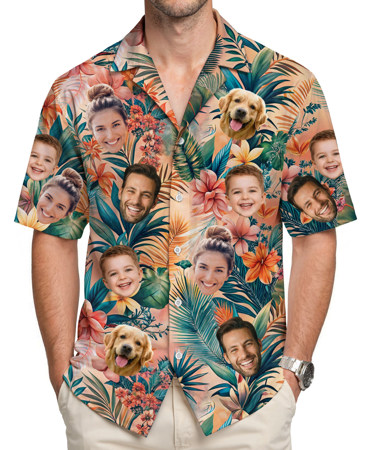 Custom Hawaiian Shirt with Face Peach Coral Tropical Leaves - Personalized Photo Aloha Shirt