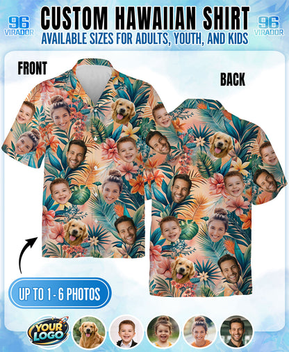 Custom Hawaiian Shirt with Face Peach Coral Tropical Leaves - Personalized Photo Aloha Shirt