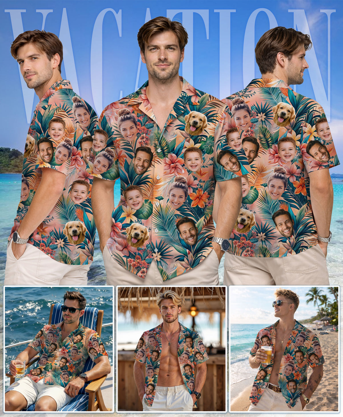 Custom Hawaiian Shirt with Face Peach Coral Tropical Leaves - Personalized Photo Aloha Shirt