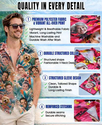 Custom Hawaiian Shirt with Face Peach Coral Tropical Leaves - Personalized Photo Aloha Shirt