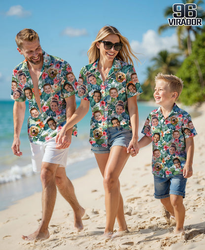Custom Hawaiian Shirt with Face Green Monstera Leaves - Personalized Photo Aloha Shirt