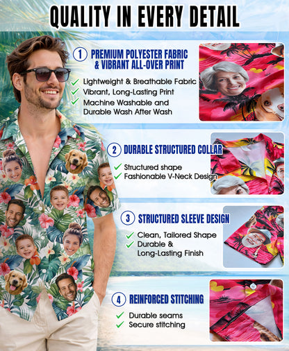 Custom Hawaiian Shirt with Face Green Monstera Leaves - Personalized Photo Aloha Shirt