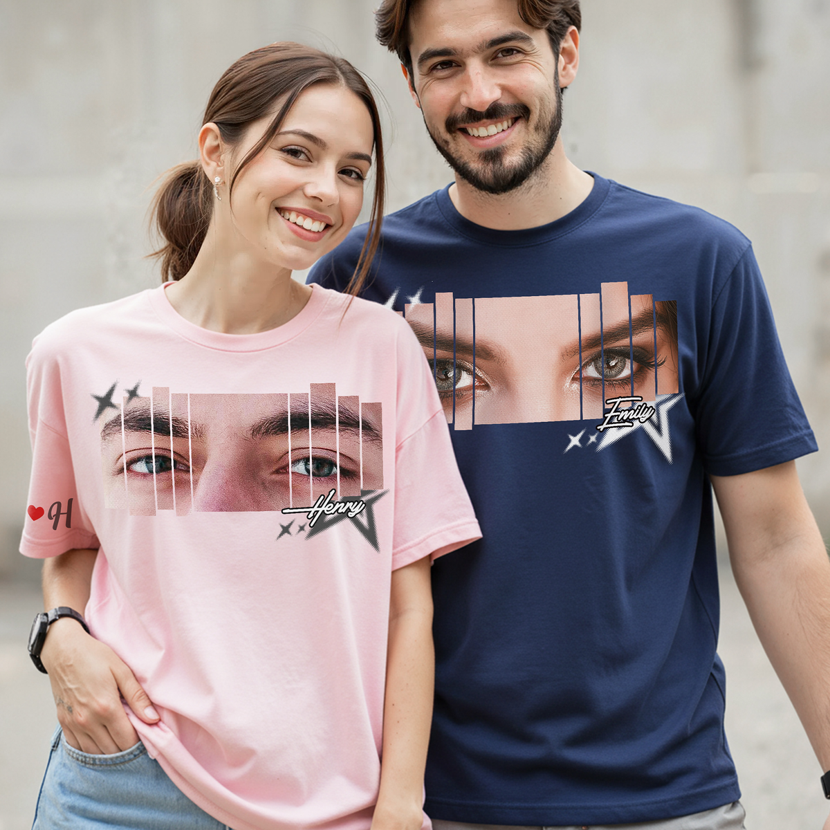 Custom Photo Couple Shirt with Eyes, Name & Initials - Personalized Photo Shirt