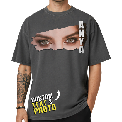 Custom Photo Couple Shirt with Eyes & Vertical Name - Personalized Photo Shirt