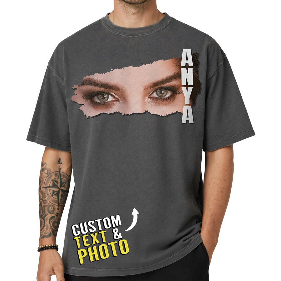 Custom Photo Couple Shirt with Eyes & Vertical Name - Personalized Photo Shirt