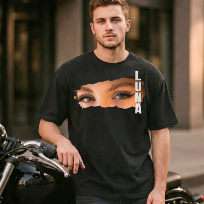 Custom Photo Couple Shirt with Eyes & Vertical Name - Personalized Photo Shirt