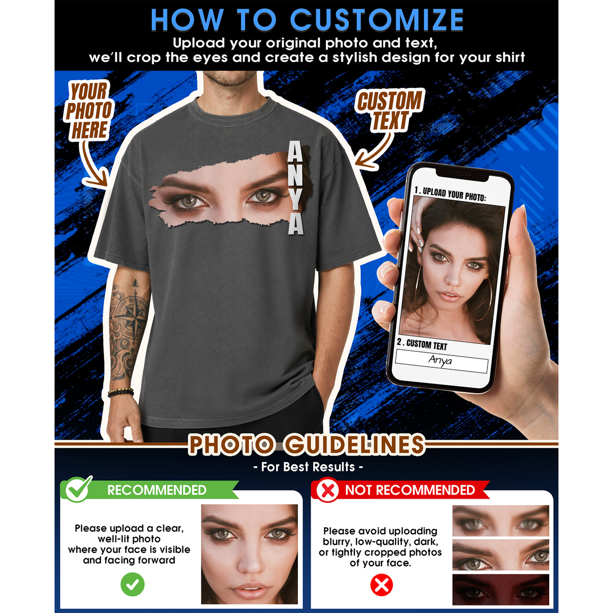 Custom Photo Couple Shirt with Eyes & Vertical Name - Personalized Photo Shirt