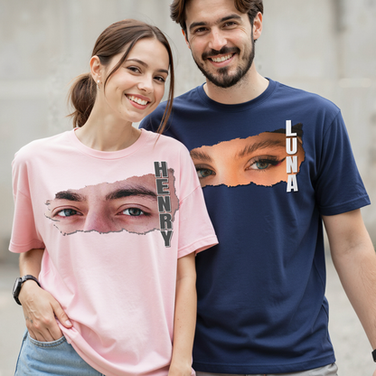 Custom Photo Couple Shirt with Eyes & Vertical Name - Personalized Photo Shirt
