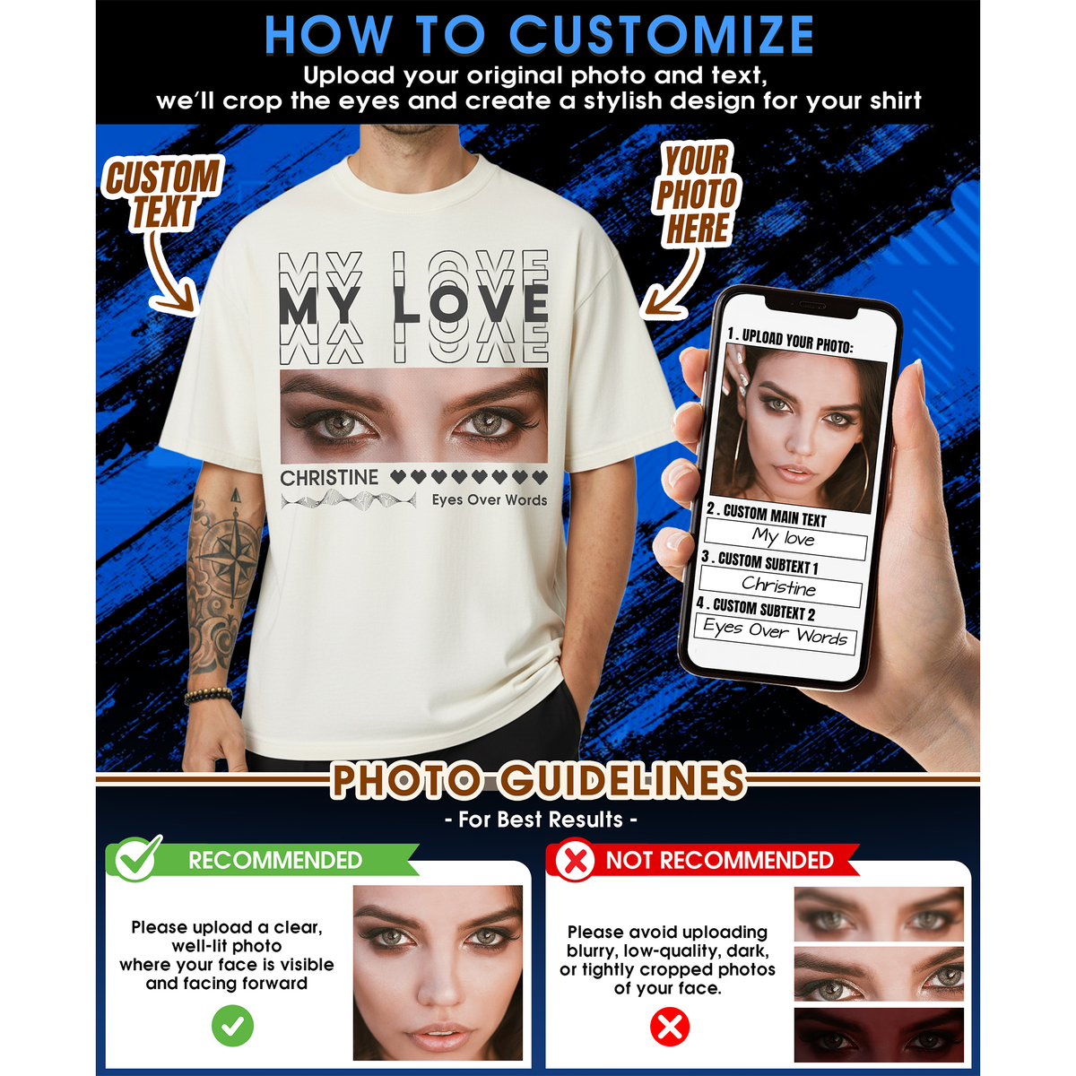 Custom Photo Couple Shirt with Eyes & My Love - Personalized Photo Shirt
