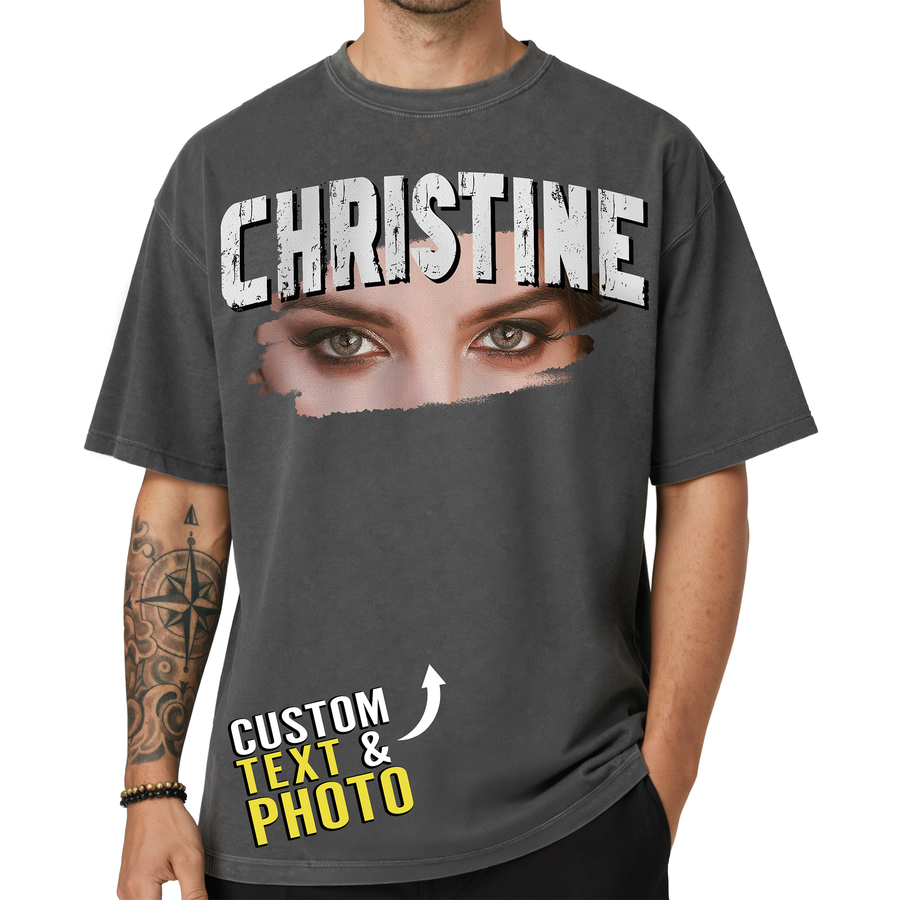 Custom Photo Couple Shirt with Eyes & Big Name - Personalized Photo Shirt