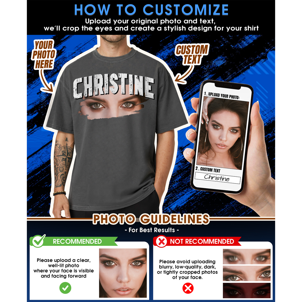 Custom Photo Couple Shirt with Eyes & Big Name - Personalized Photo Shirt