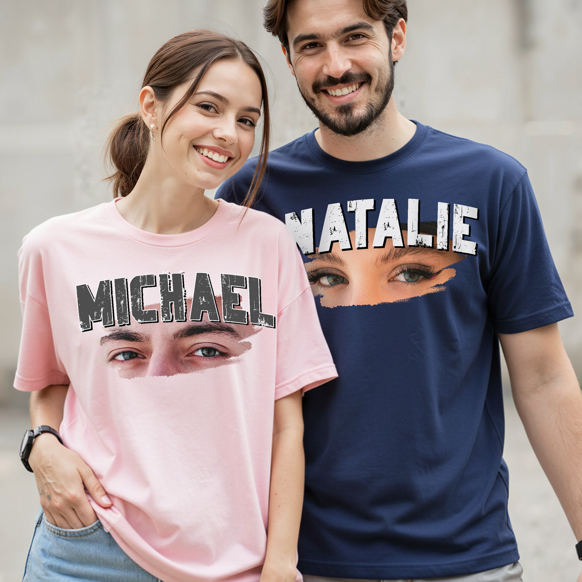 Custom Photo Couple Shirt with Eyes & Big Name - Personalized Photo Shirt