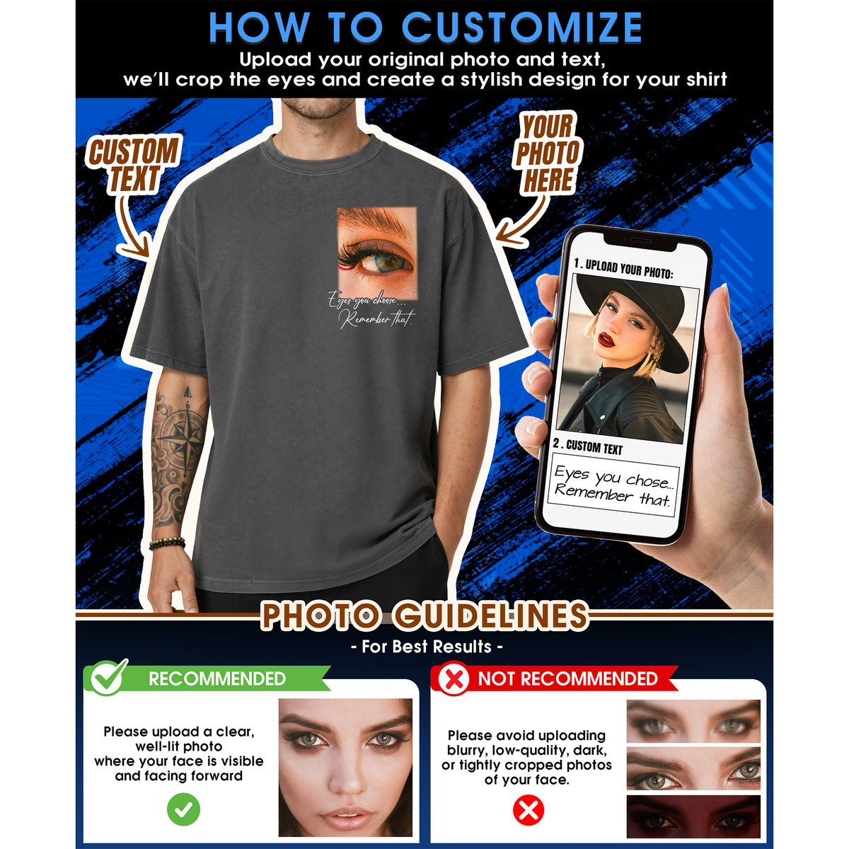 Custom Photo Couple Shirt with Eyes Pocket & Text - Personalized Photo Shirt