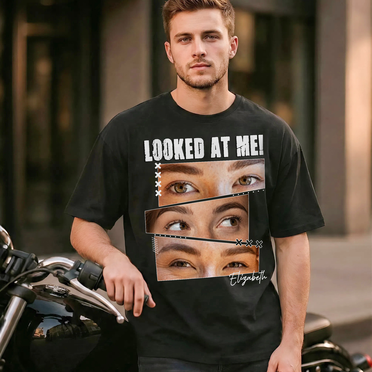 Custom Photo Couple Shirt with 3 Eyes Photo Strips & Text - Personalized Photo Shirt