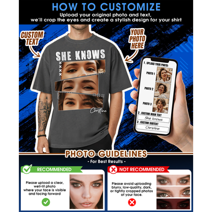 Custom Photo Couple Shirt with 3 Eyes Photo Strips & Text - Personalized Photo Shirt