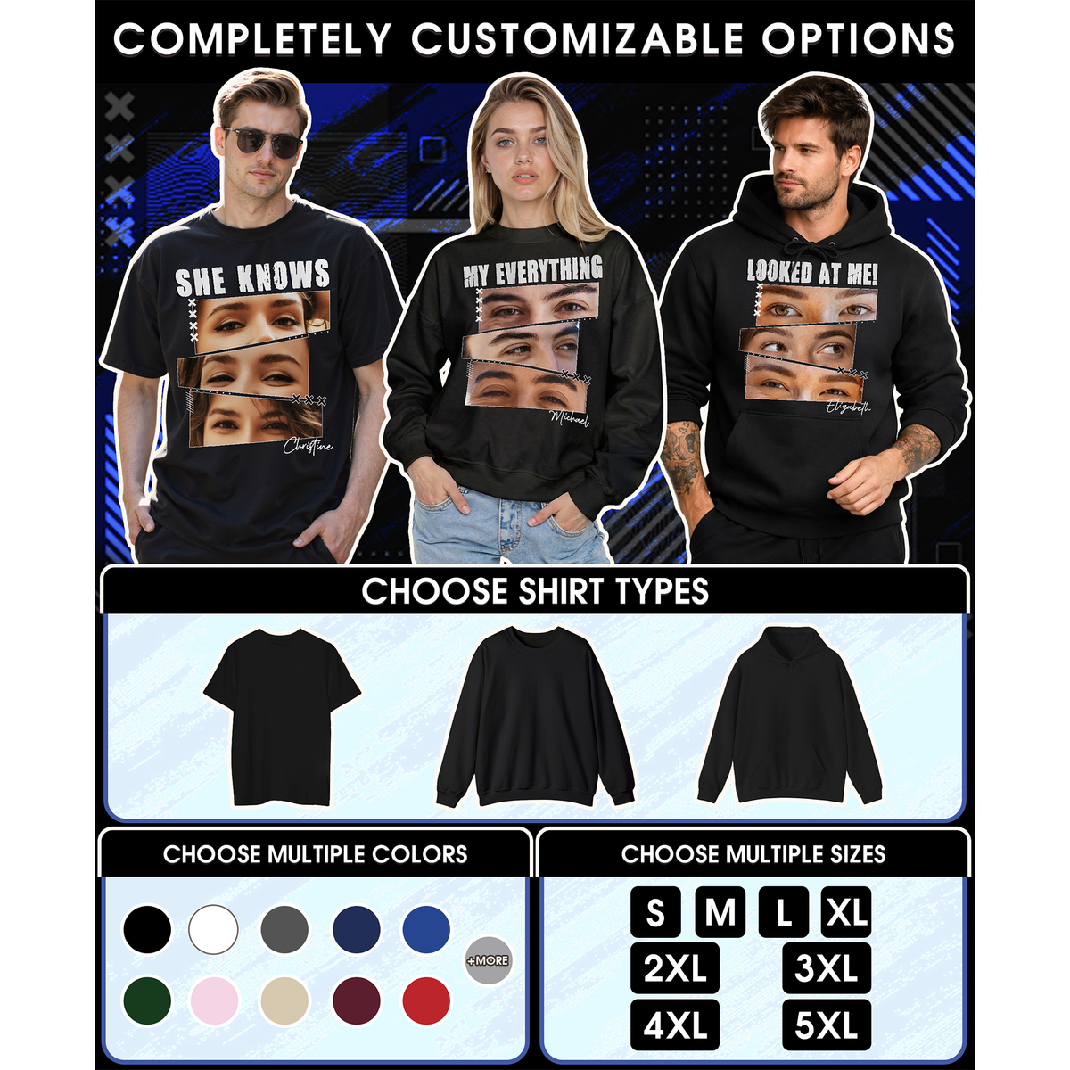 Custom Photo Couple Shirt with 3 Eyes Photo Strips & Text - Personalized Photo Shirt
