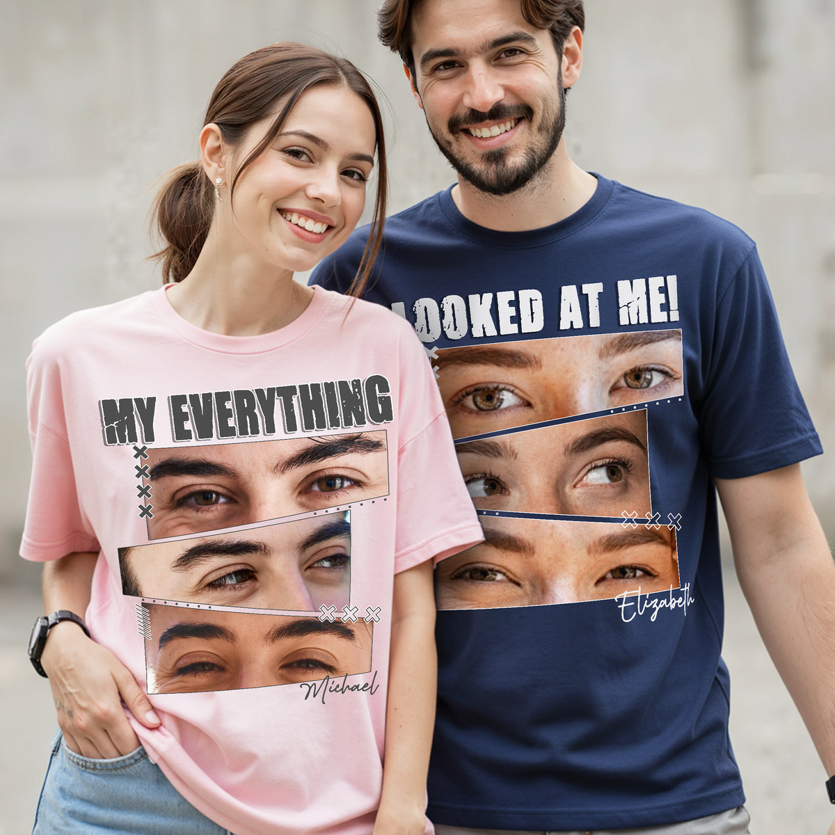 Custom Photo Couple Shirt with 3 Eyes Photo Strips & Text - Personalized Photo Shirt