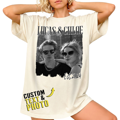 Custom Photo Couple Shirt with Names, Est. Year & Torn Edge - Personalized Photo Shirt